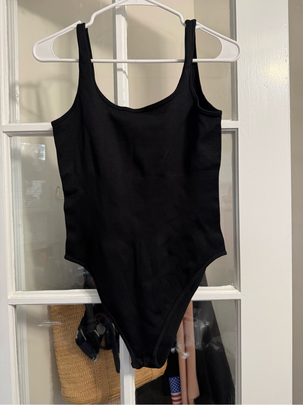 Black Ribbed Scoop Bodysuit for Women